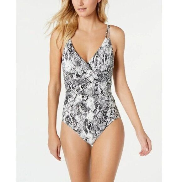 Calvin Klein Black and White Snakeskin One Piece Swimsuit - Picture 1 of 11